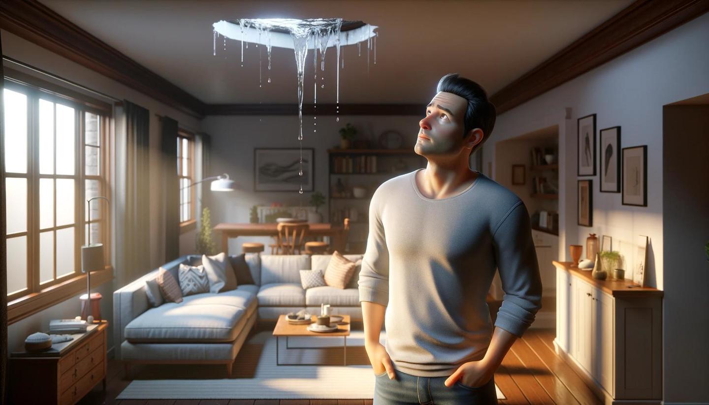 A_realistic_animated_man_inside_his_home_looking_up_at_a_leak_in_his_ceiling-1