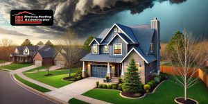 A photorealistic image of a suburban house in Oklahoma with a strong, well-maintained roof under an approaching spring storm. The dark clouds signal severe weather, but the home remains secure and protected.